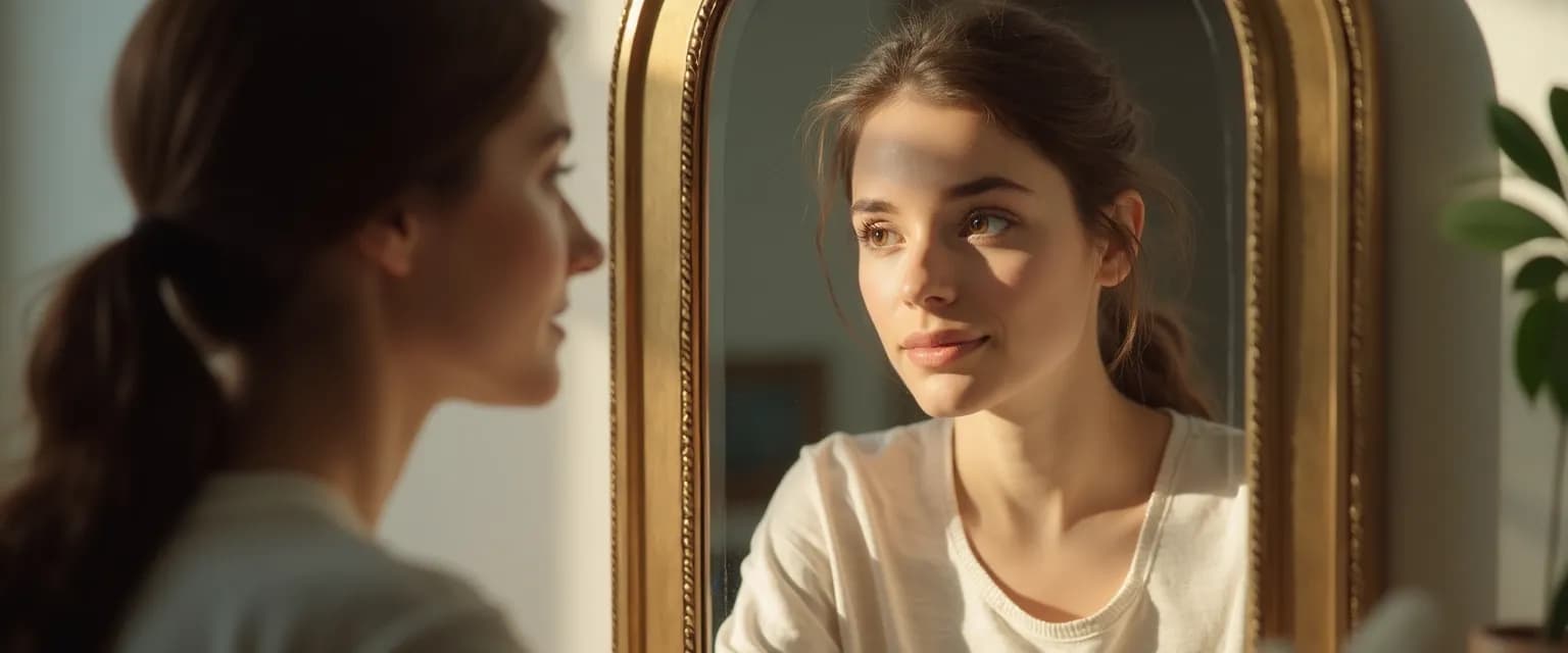 Person reflecting on self-awareness self-esteem and self-development in mirror