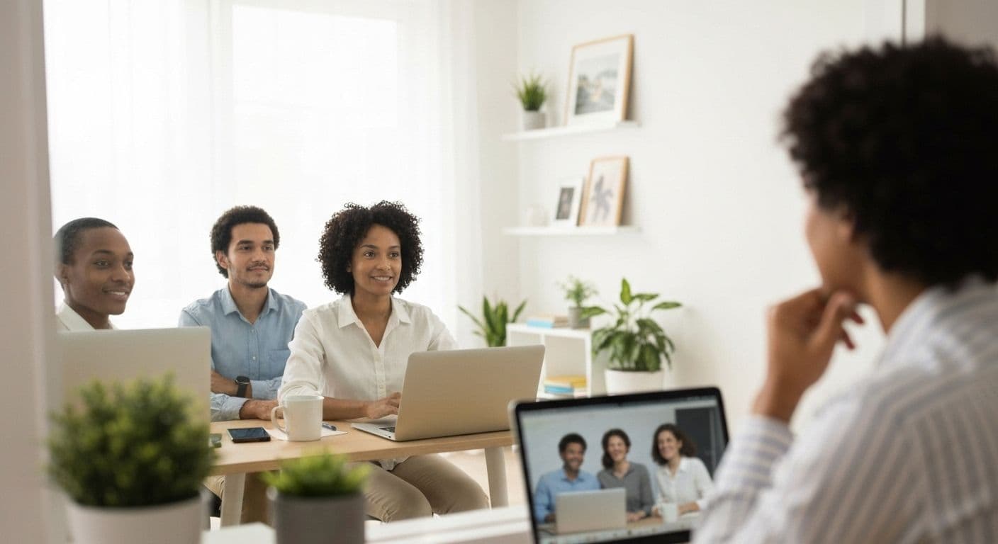 Professional developing self awareness skills while working remotely on laptop in home office