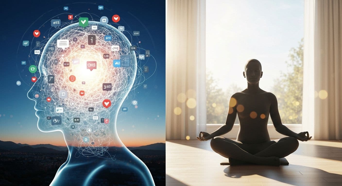 Person experiencing an overactive mind with racing thoughts preventing present moment awareness