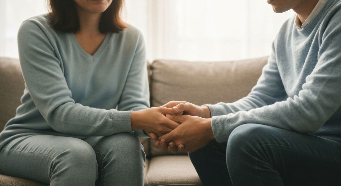 Two people sitting together offering support during the grief process with compassionate presence