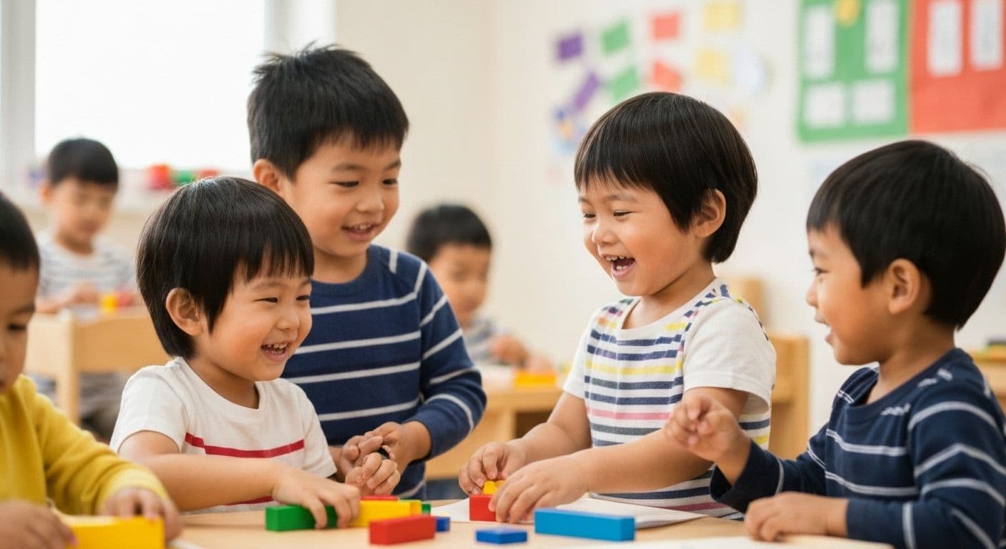 Preschool children playing together demonstrating self awareness and positive social interaction
