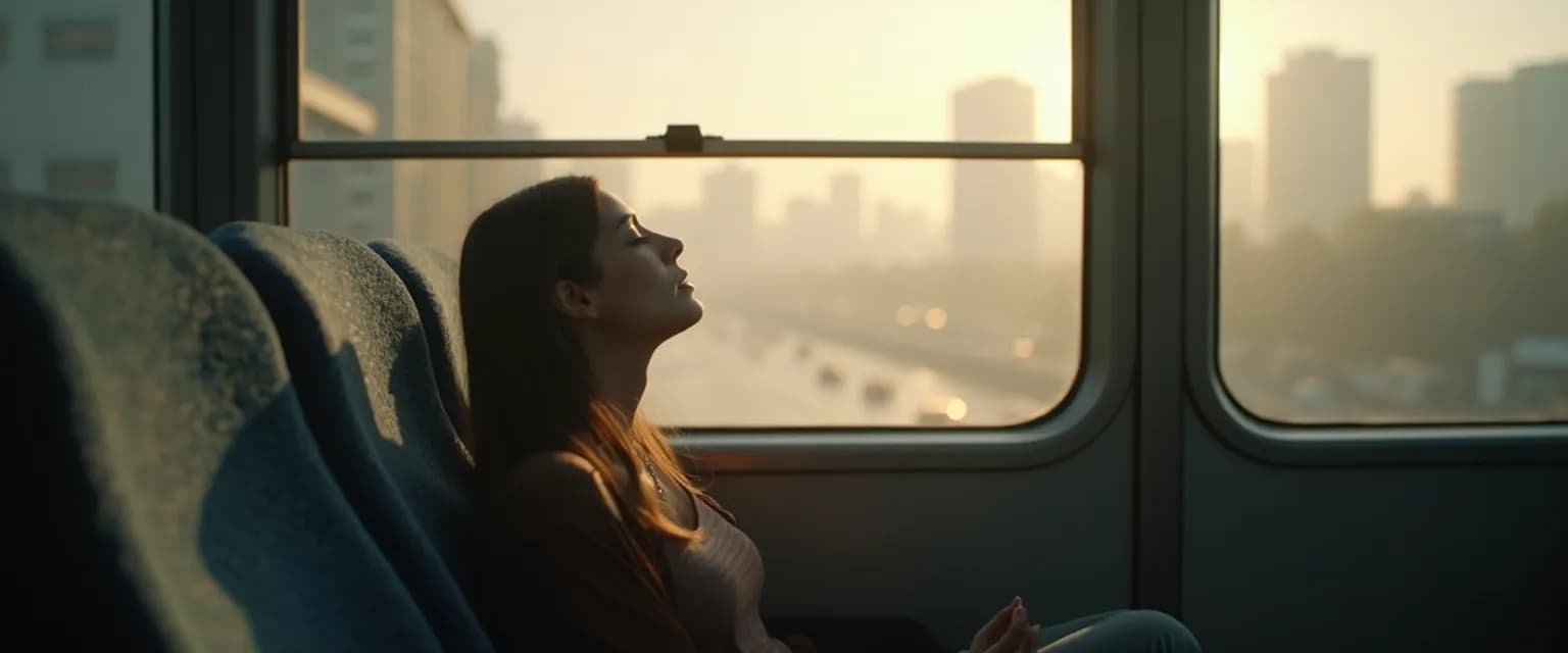 Person using mindfulness tools during commute for mental recharge