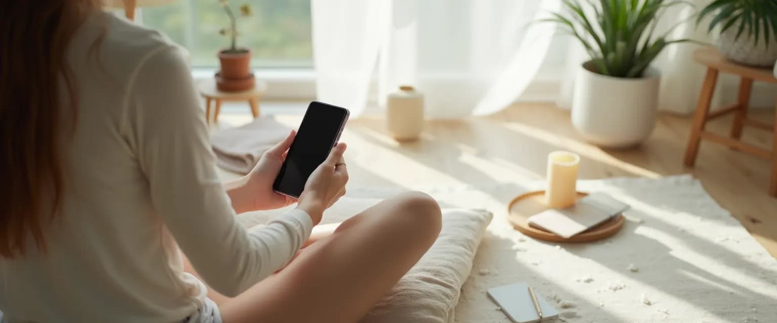 Person recording a guided meditation for self-awareness using smartphone