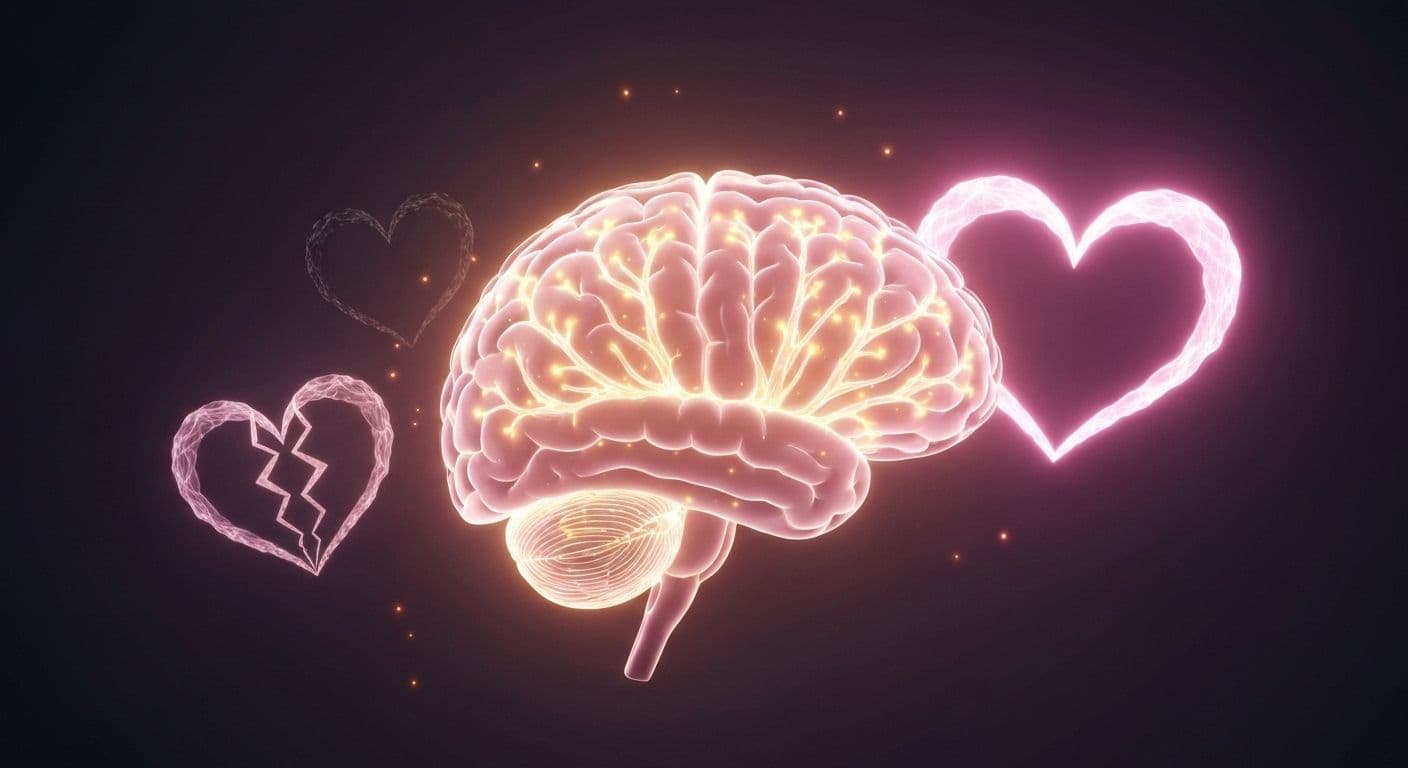 Brain illustration showing neural pathways forming through heartbreak love and emotional resilience