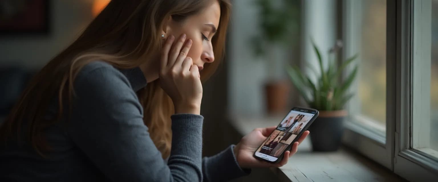 Woman maintaining emotional boundaries while reading celebrity breakup today news on smartphone