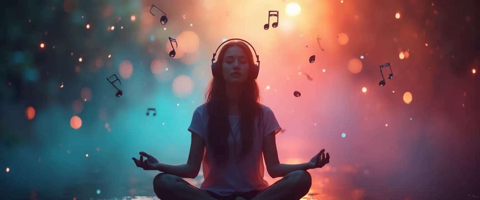Person mindfully listening to music with headphones in a relaxed position