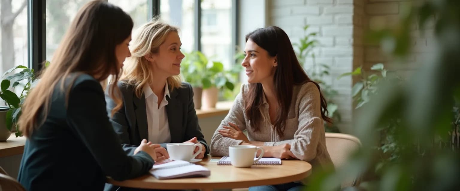 Two people engaged in a confident mentoring relationship conversation with trust-building techniques