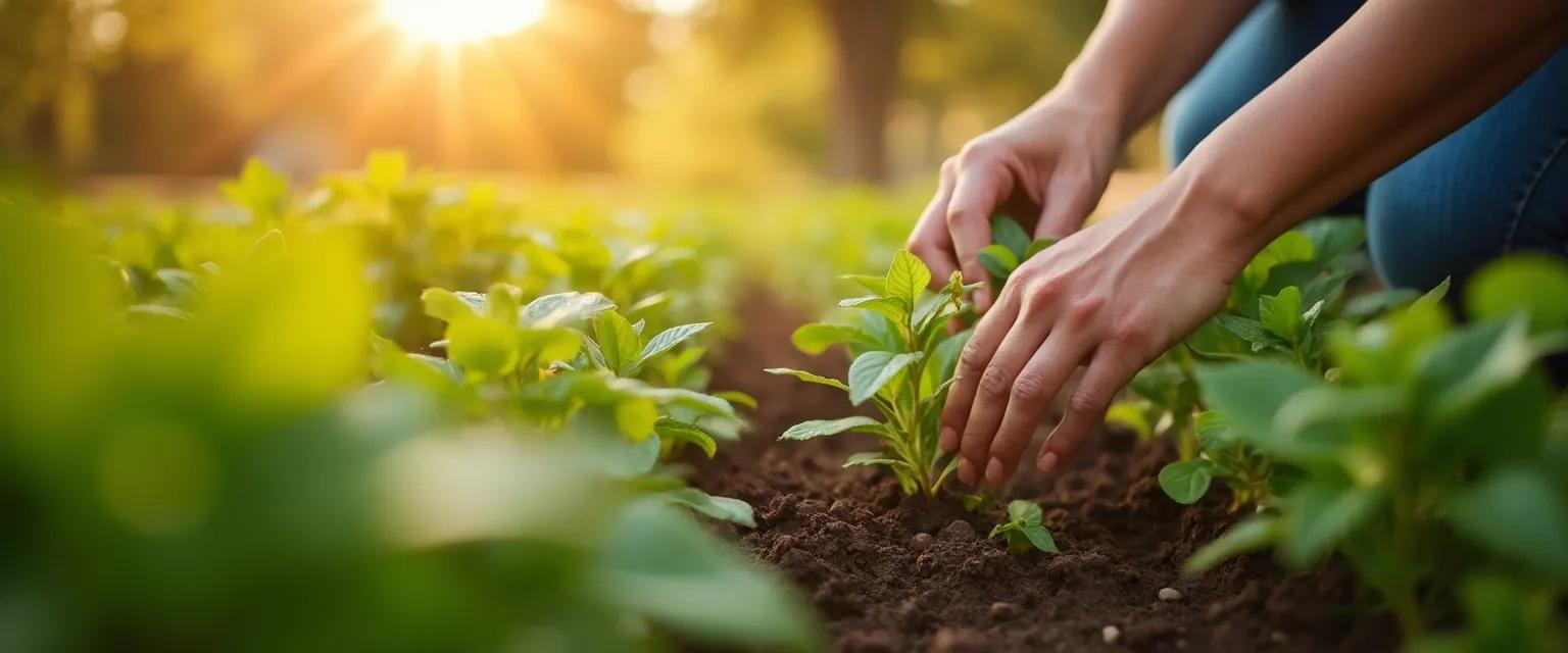 Person being mindful while tending to plants in a garden