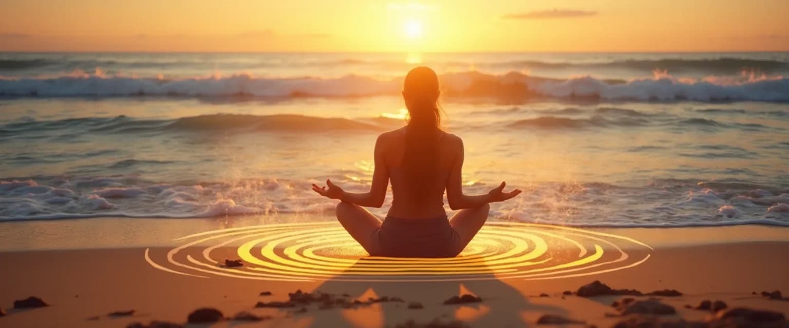 Person practicing mindfulness breathing exercises with ocean wave visualization