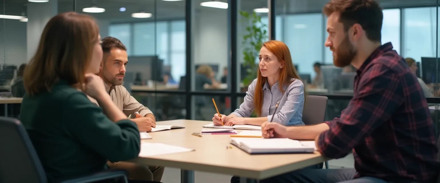 Team engaged in quick self awareness business exercise during a productive meeting