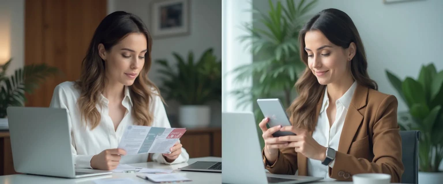 Professional using mindfulness cards at desk compared to meditation app on smartphone