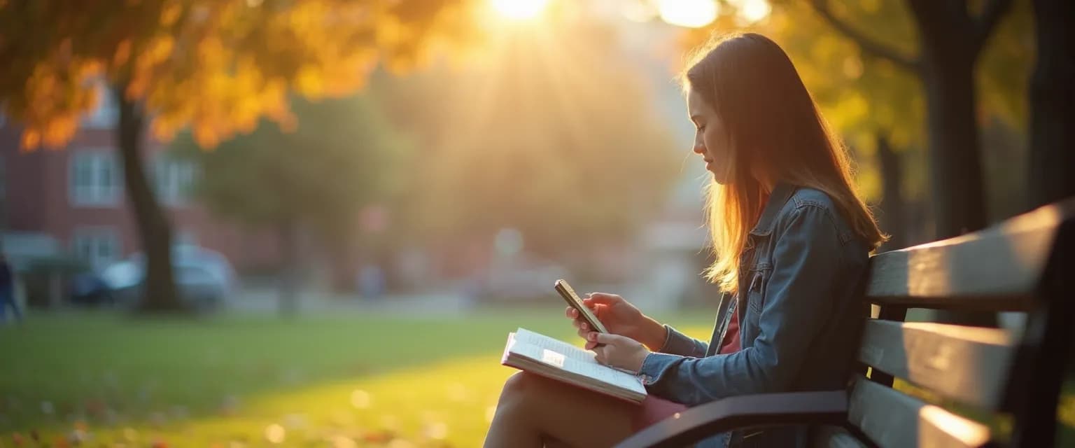College student practicing self-awareness through micro-reflection between classes