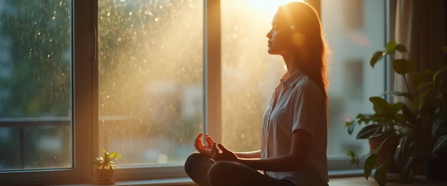 Person practicing Jon Kabat-Zinn's RAIN meditation technique at office desk