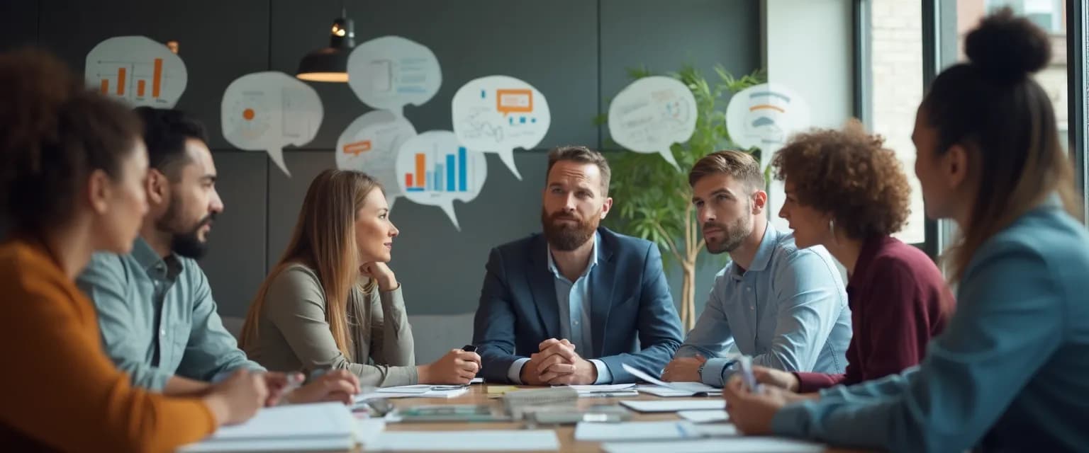 Professionals using emotional intelligence and communication skills during a workplace conversation