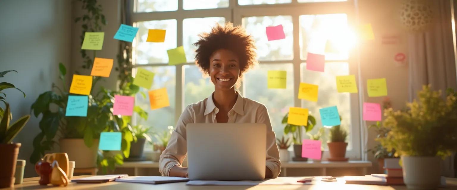 Professional woman smiling while practicing happy thoughts techniques at her desk