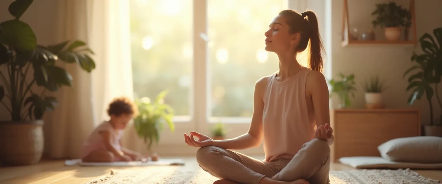 Parent practicing quick mindfulness exercises during busy family moment