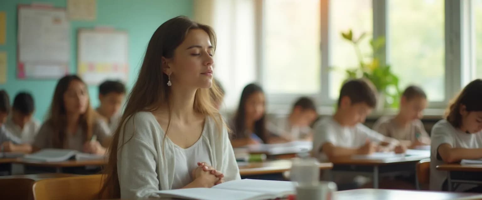 Teacher practicing mindfulness in schools during a brief classroom moment