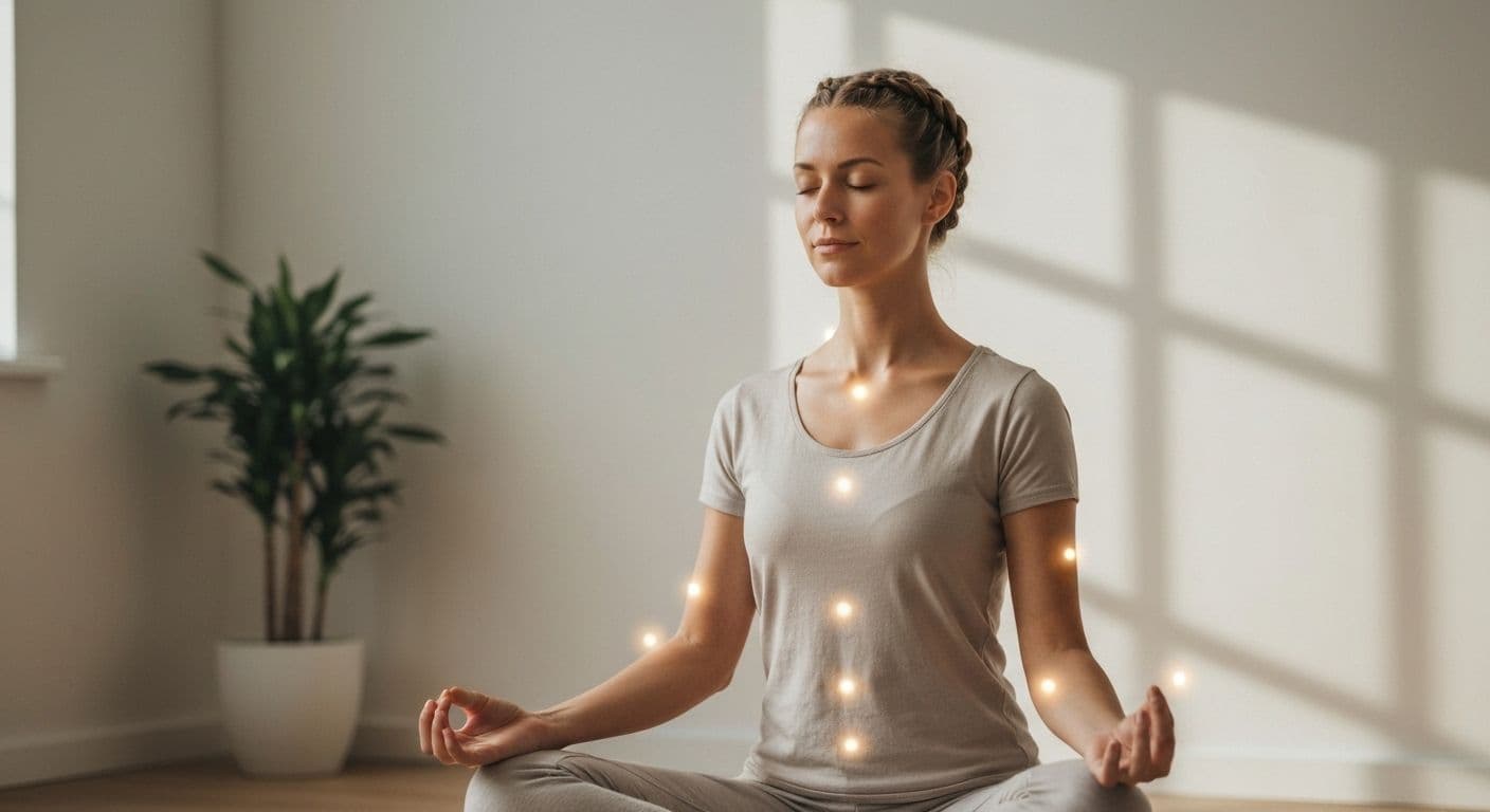 Person practicing embodied self-awareness through a mindful body check-in exercise