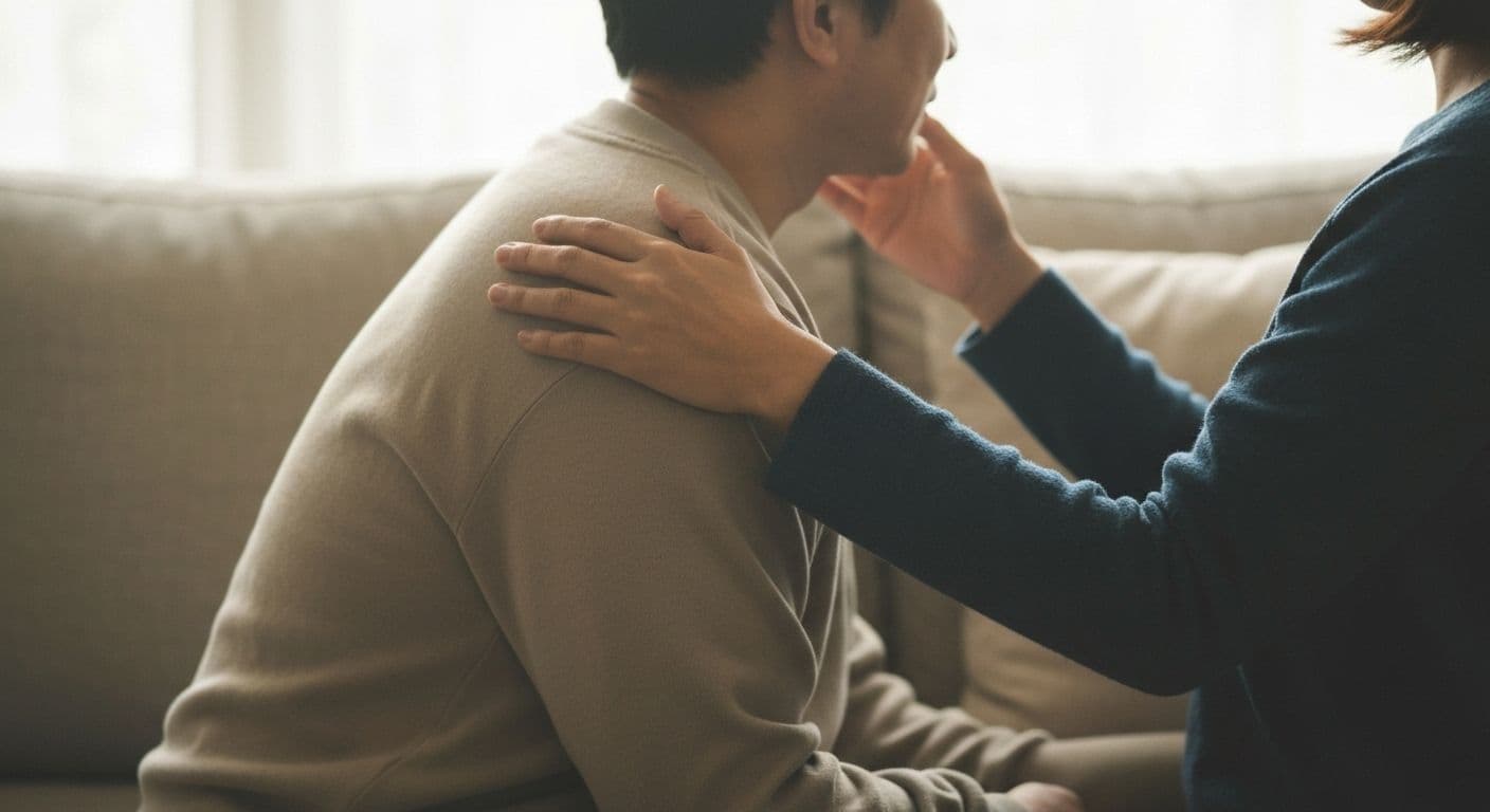 Person offering comforting presence to grieving friend, illustrating what to say to someone that has lost someone through supportive companionship