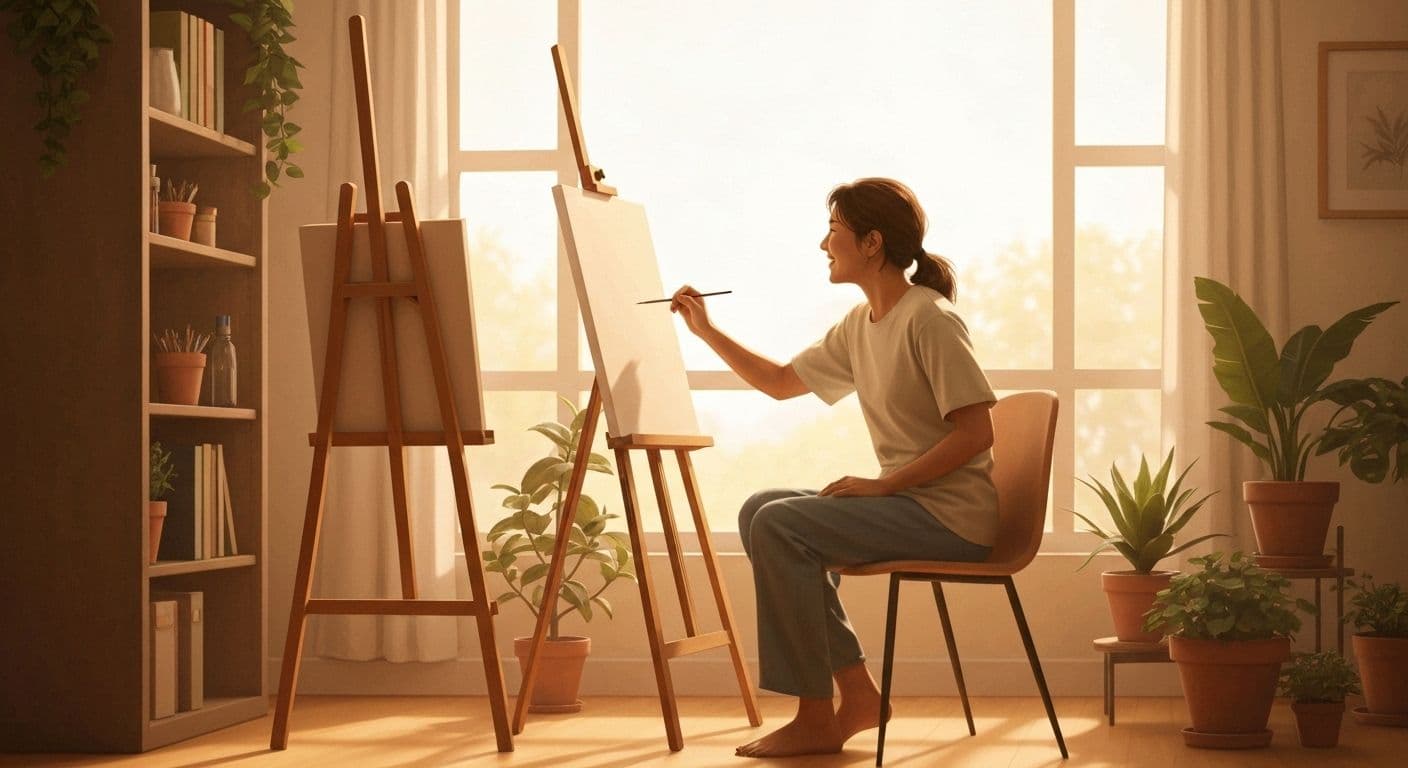 Person joyfully engaged in creative hobby while moving on after a breakup and rediscovering personal identity