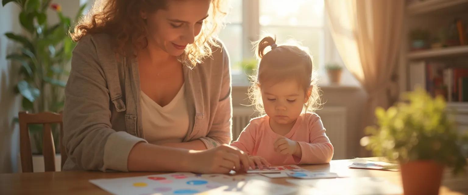 Parent helping child with special needs develop emotional intelligence through visual supports