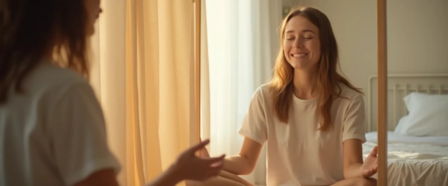 Person practicing positive self-awareness with a mindful, compassionate expression