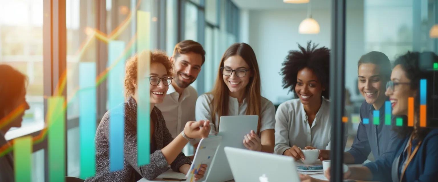 Business professionals reviewing World Happiness Report metrics for workplace implementation