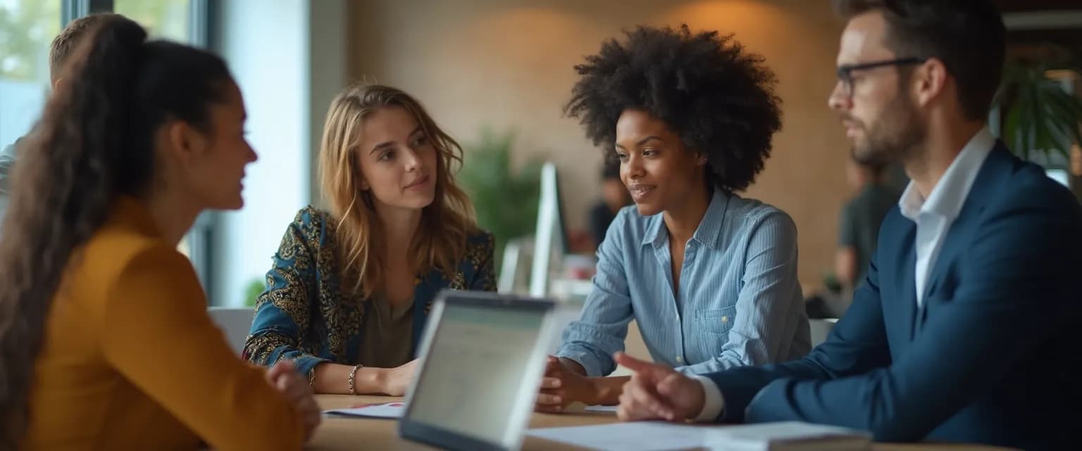 Professionals using emotional intelligence and communication skills during a workplace meeting