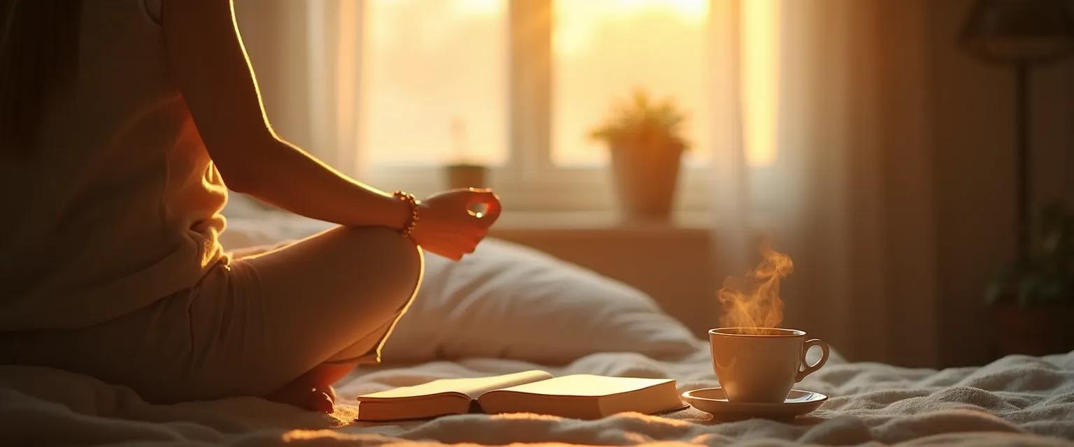 Woman practicing morning mindful life rituals by the window