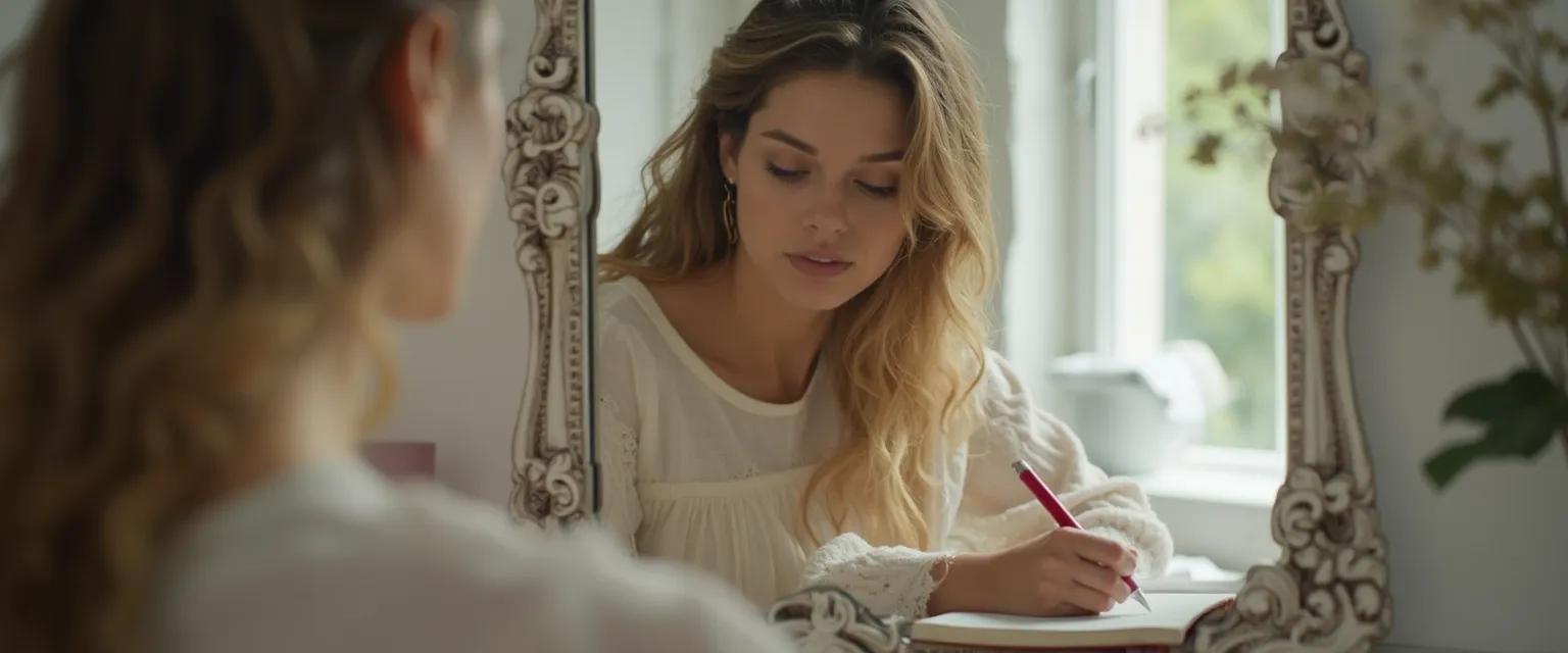 Woman practicing mirror work and journaling for self love and self awareness