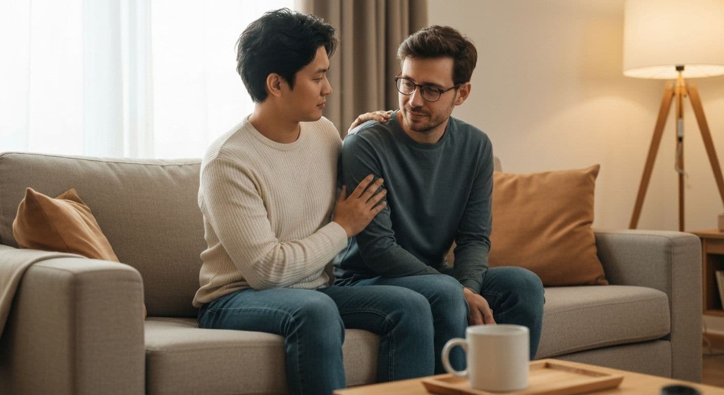 Two friends having a supportive conversation about navigating BPD and breakups while maintaining healthy boundaries