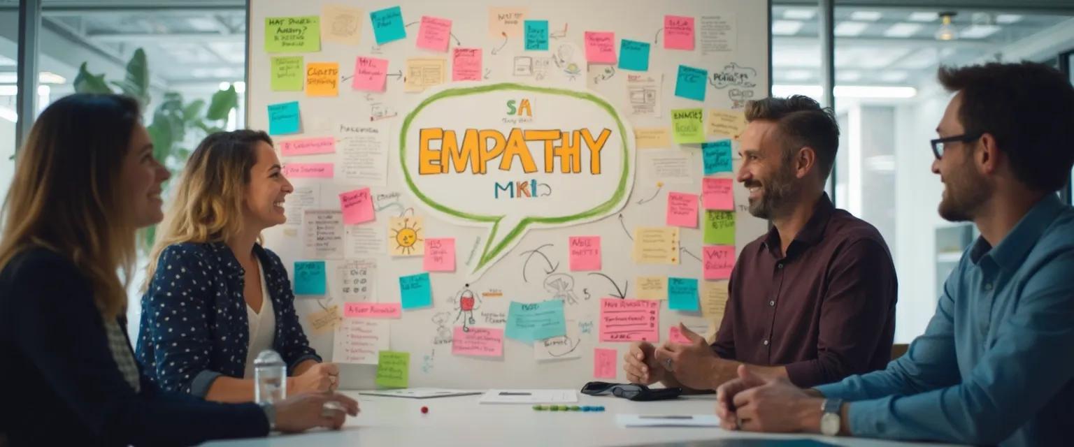 Team members collaborating using empathy maps to enhance emotional intelligence teamwork