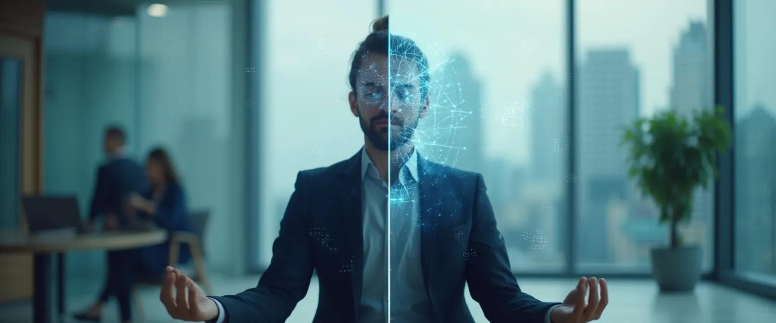 Professional using mind hacking techniques versus traditional meditation in office setting