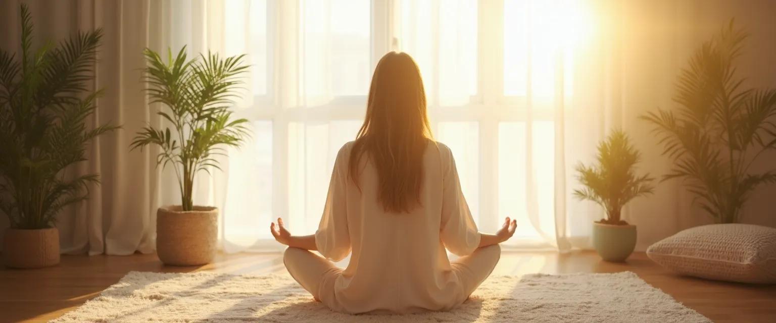 Person practicing in their home mindfulness institute with meditation cushion and calming elements