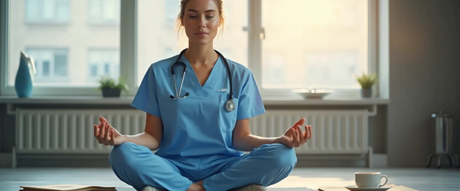 NHS healthcare worker practicing self-awareness technique during a busy hospital shift