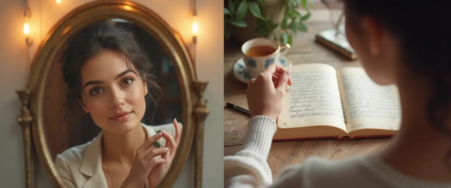 Woman practicing self awareness and confidence building through mirror work and journaling