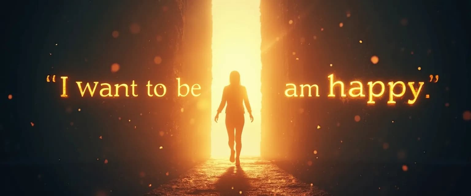 Person transforming from saying 'I want to be happy' to experiencing genuine happiness