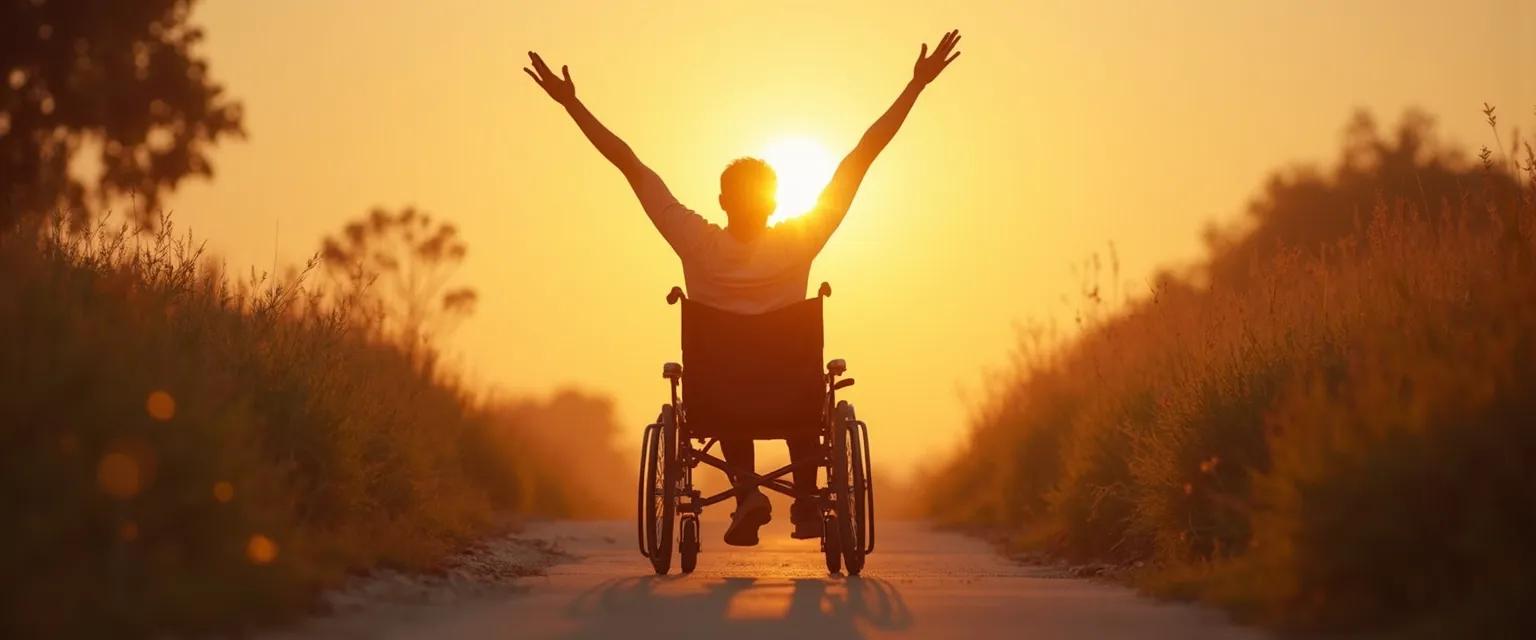 Person with mobility device demonstrating confidence in physical limitations through positive body language