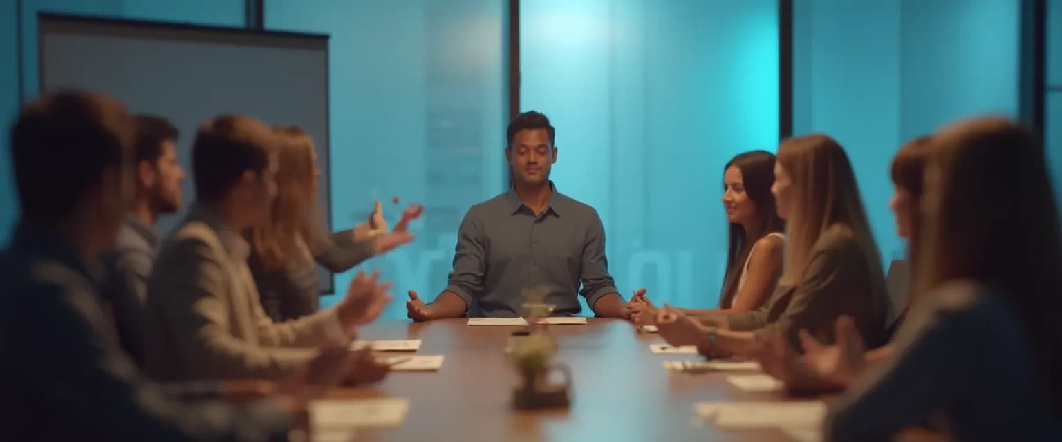 Professional engaging in mindful thinking during a busy workplace meeting