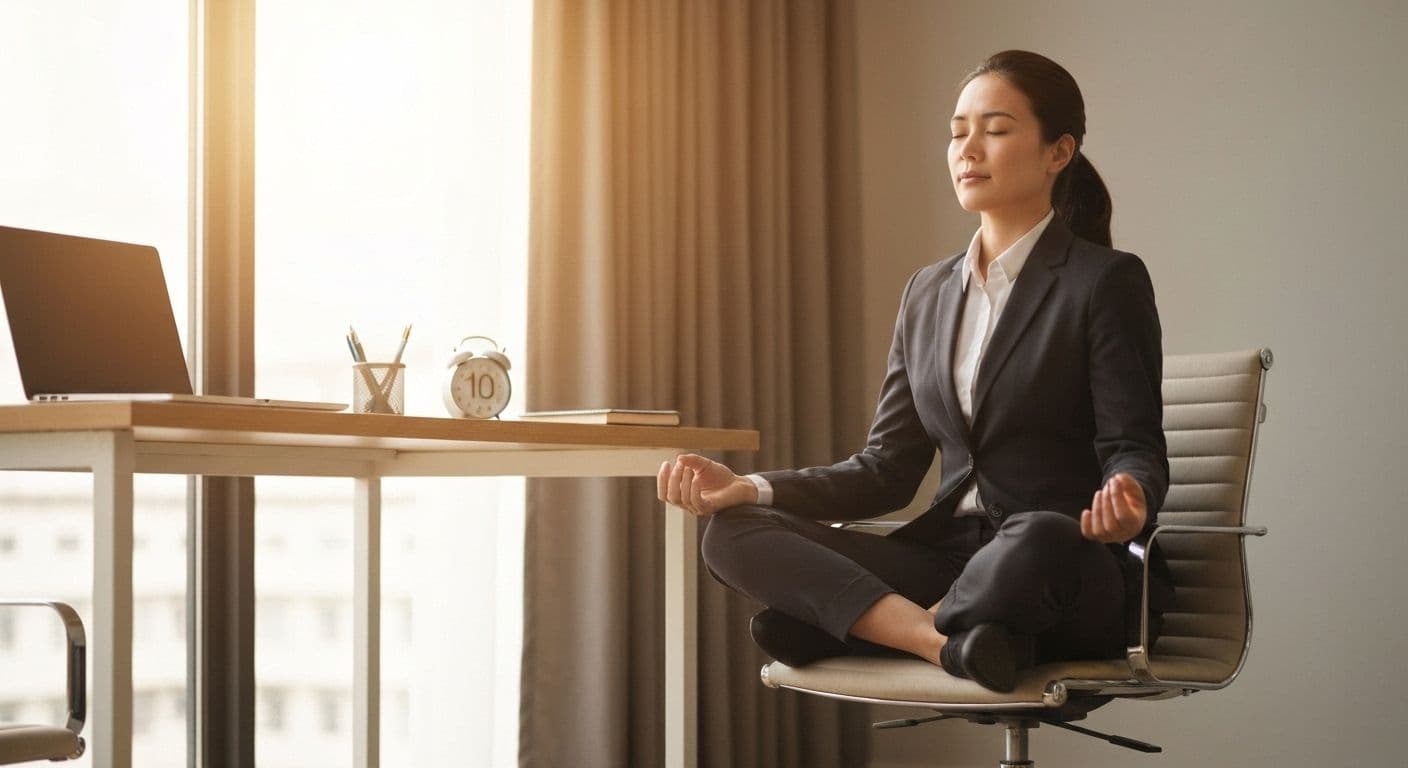 Busy professional practicing the best mindfulness meditation techniques at desk during 10-minute break