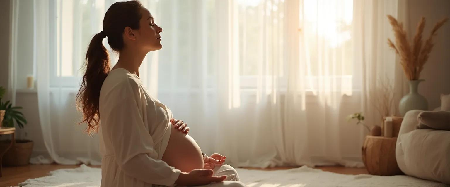 Woman practicing mindful hypnobirthing techniques at home with partner