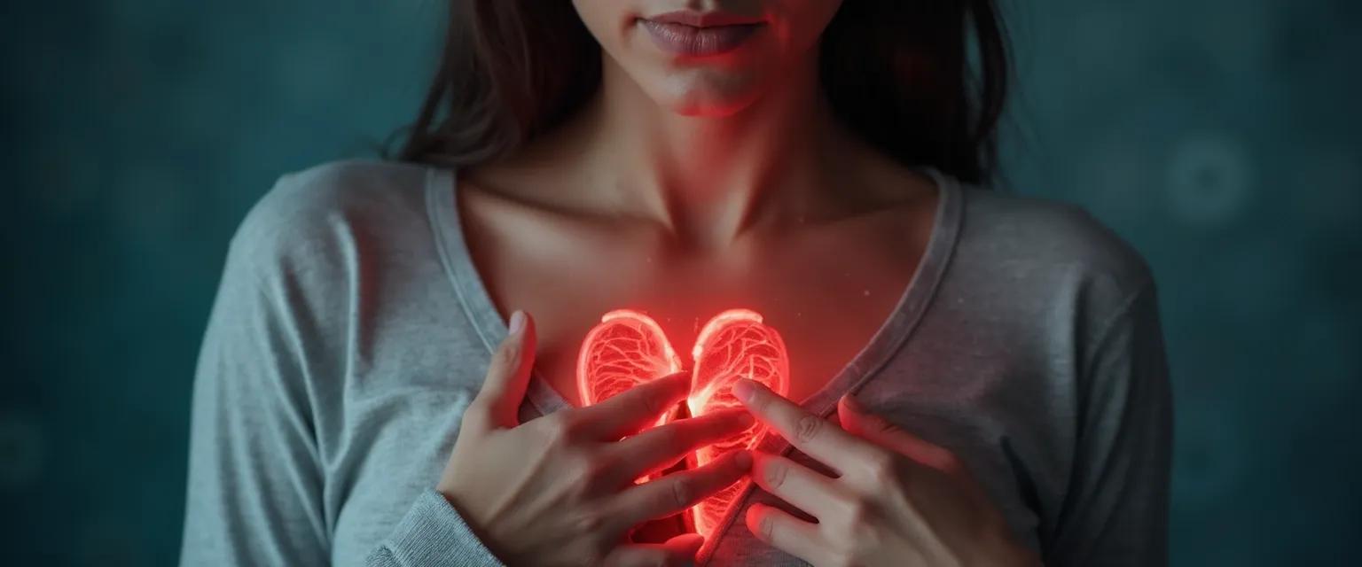 Person experiencing physical symptoms of painful heartbreak with hand on chest