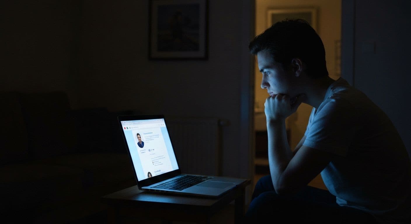 Person closing laptop after resisting urge to check breakup Brad's LinkedIn profile