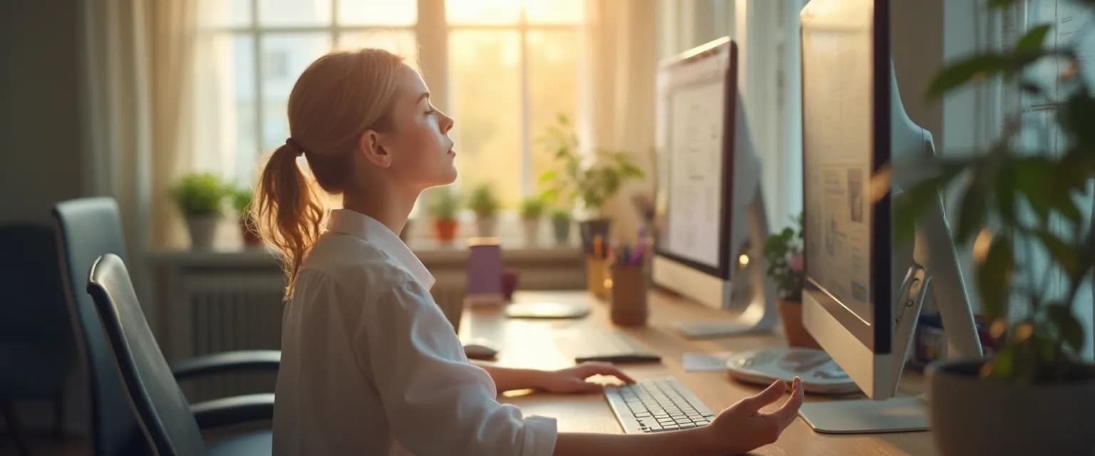 Person practicing mindful breathing at desk during work break