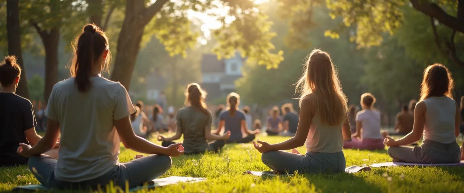 Neighbors practicing mindfulness near me in a peaceful community garden setting