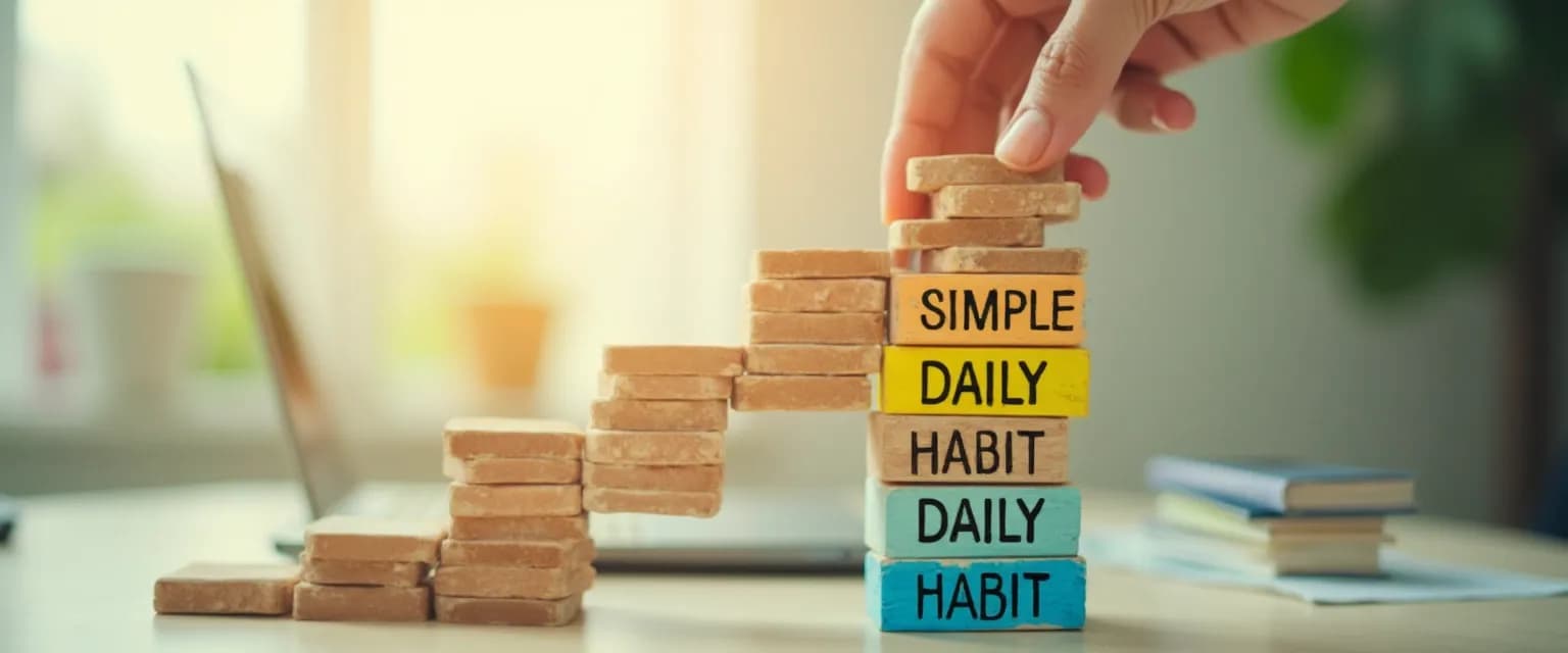 Person using habit stacking technique to end procrastination at desk with sticky notes