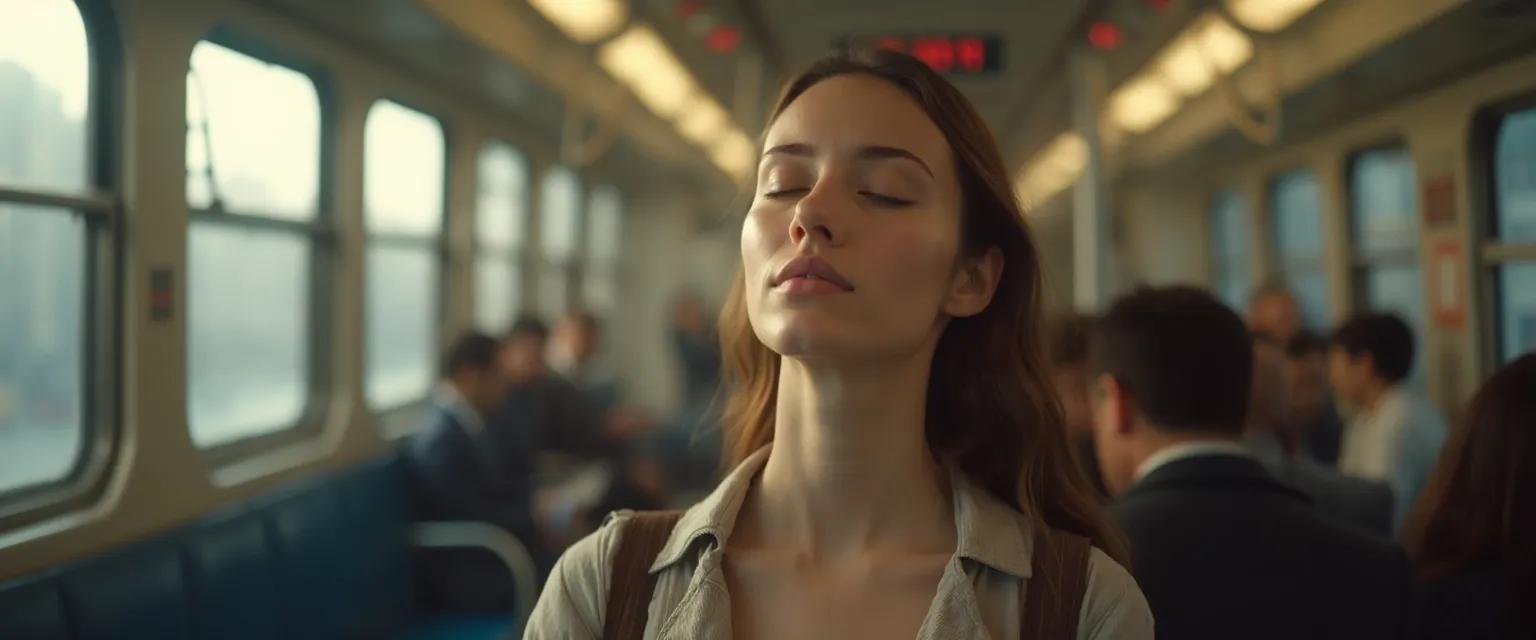 Person practicing morning mindfulness techniques during their commute