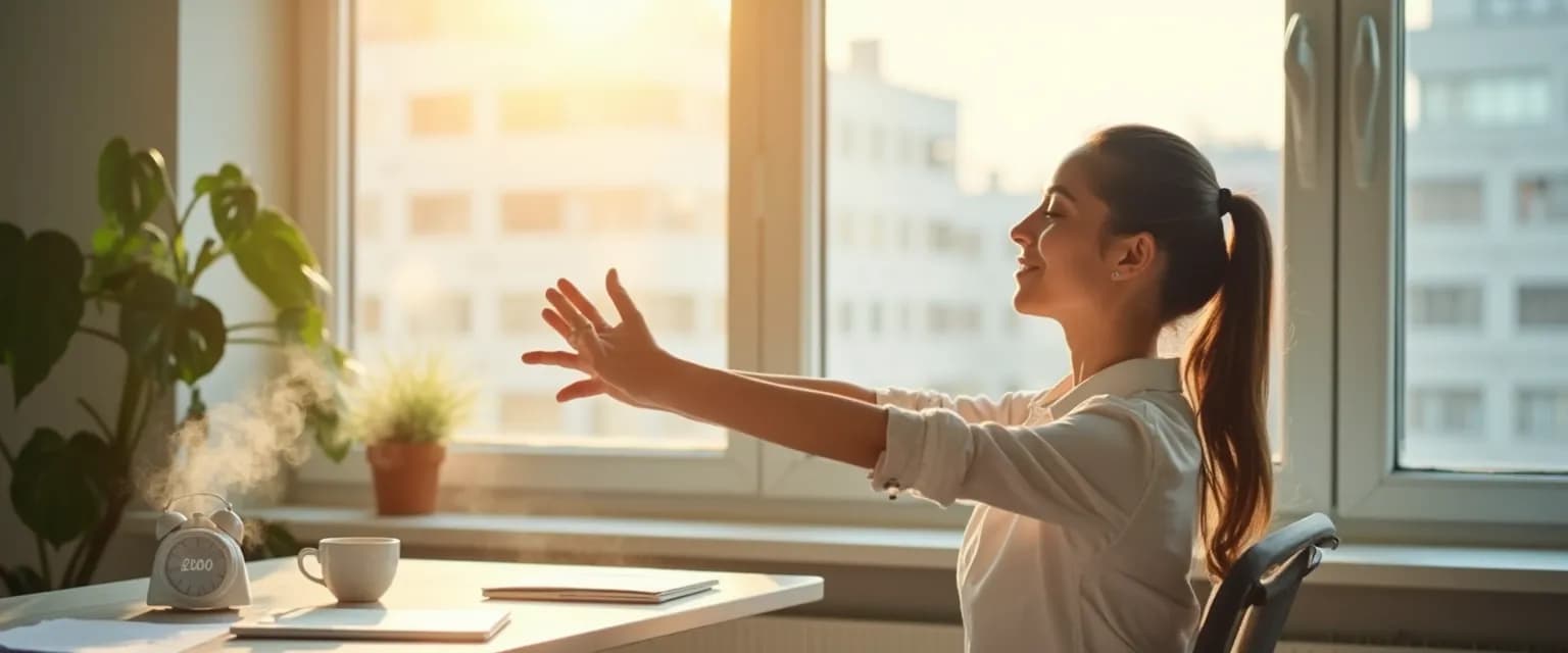 Person taking a 2-minute micro-break to improve wellbeing in the workplace