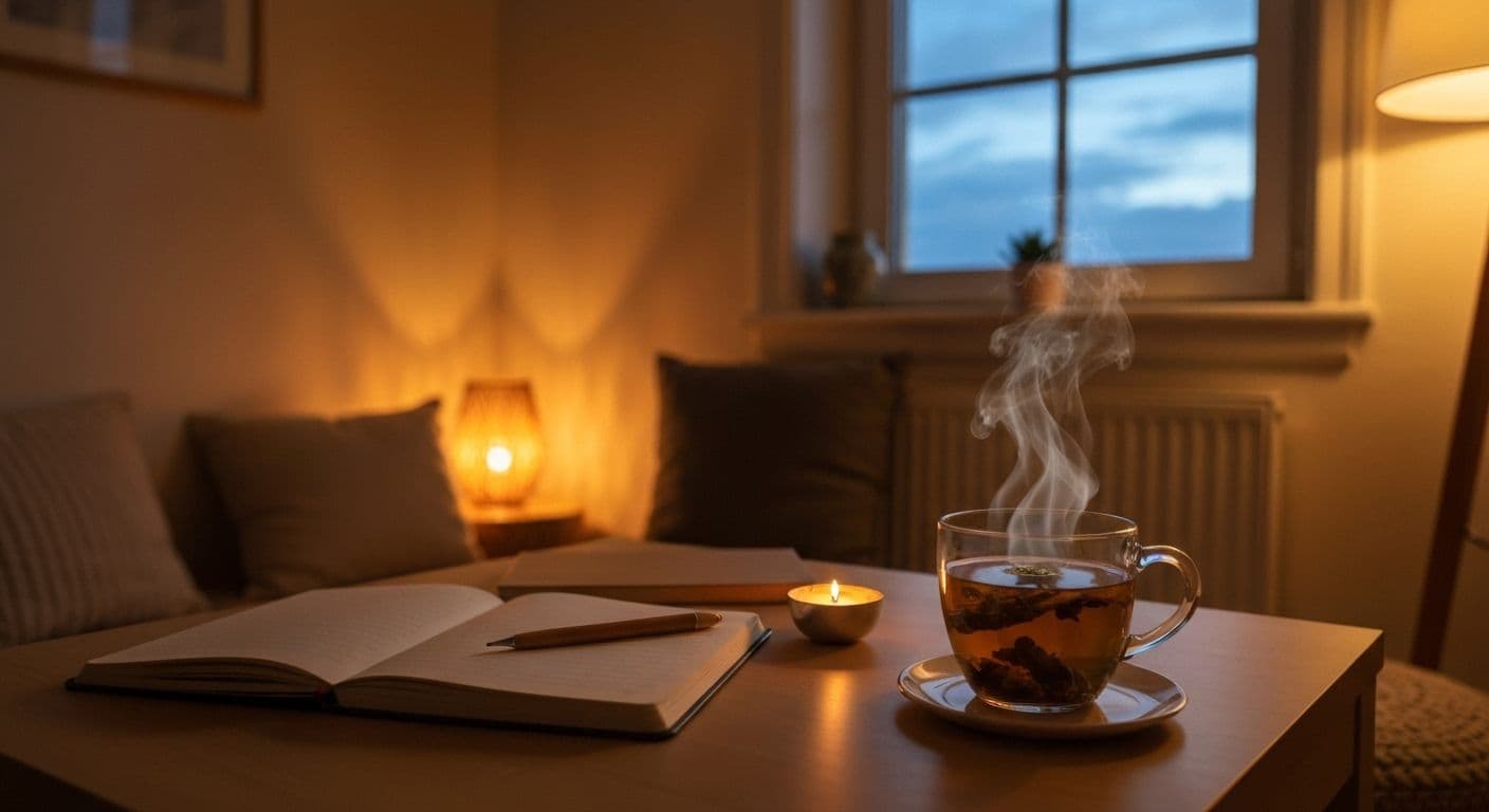 Person practicing mindsmatter evening rituals in a calm, dimly lit room preparing for restful sleep