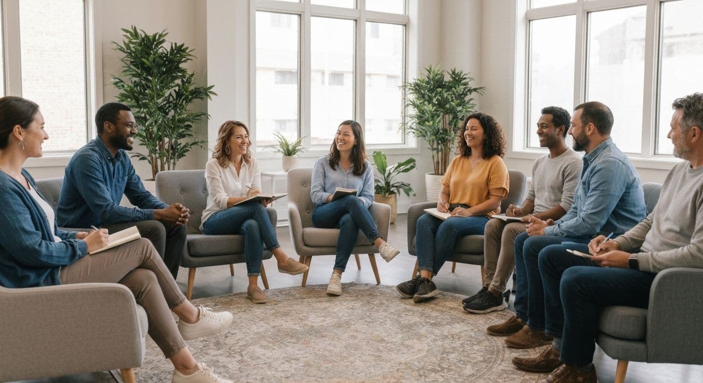 Educator facilitating teaching self-awareness to adults in a comfortable workshop setting